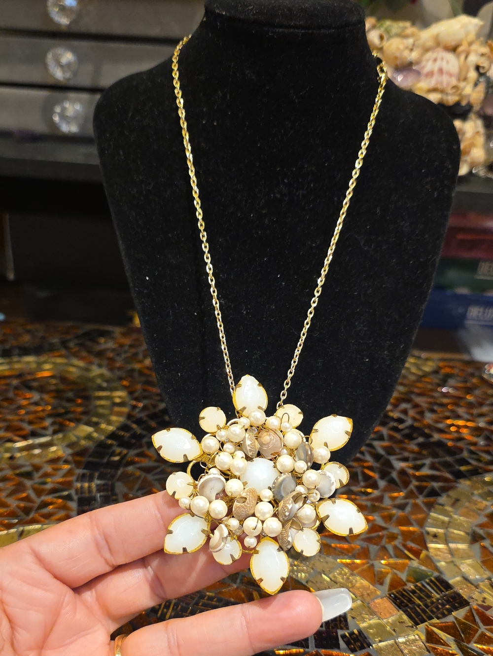 Vintage Gold-Tone Necklace with White Floral Cluster